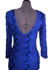 Vtg 90s Dress Blue Sequin Body Con Cocktail Evening Date Ribbon Lace Sequins S