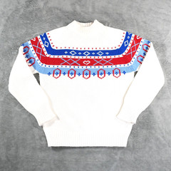 Vintage K-Mart Womens Sweater Medium 100% Acrylic Nordic Zip Neck White Red Blue