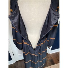 Vintage Square Neck Puff Long Sleeve Midi Dress Black Ochre Stripe Size 6