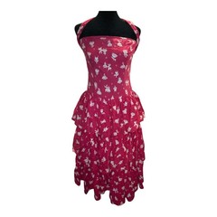 Vintage Alex Colman Fuchsia Pink White Novelty Print Retro Pin Up Halter Dress