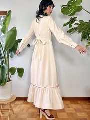 VTG 70s Lace Bib Crochet Trim Cotton Prairie Maxi Dress XS/S Cottagecore