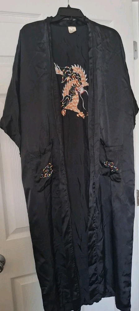 Vintage Satin Asian Dragon Kimono Embroidered Pockets Long Robe Large Black