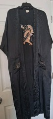 Vintage Satin Asian Dragon Kimono Embroidered Pockets Long Robe Large Black