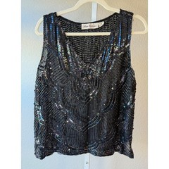 Ann Katrine Vintage Beaded Sequin Silk Tank Top Black Iridescent V-Neck Medium