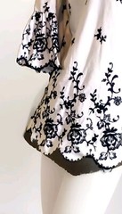 VTG 60s Embroidered Black White Crisp Cotton Blouse w Bell Cuff Frilly Sleeves M