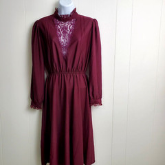 Vintage 70s Purple Victorian Lace Puff Sleeve Dress Dark Academia Wednesday M 12