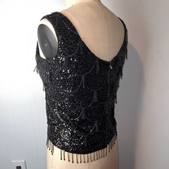 Vtg Black Sequin Beaded Fringe Tassel Tank Top Mod Scallop Mermaid 60s Small