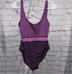 Vintage 80s One Piece Swimsuit. Poly Blend Size 13/14 Purple Made In USA Stripes