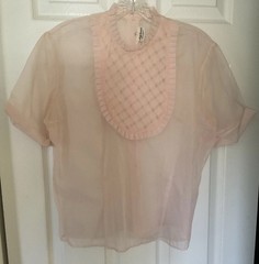 Patty Woodard Of California Blouse Sheer Pink Top Ruffle Bib Short Sl Vintage L