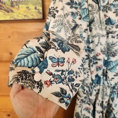 California Looks Vintage Floral Puff 3/4 Midi Tea Dress Linen Blend Pleat Sz 10P