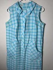 Vtg 60s Blue Plaid Sleeveless Sheath House Dress-Bust 36” Lightweight EUC