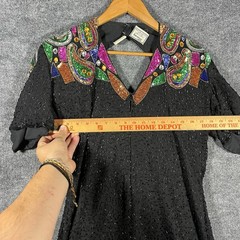 Vintage 80s 100% Silk Stenay Cocktail Dress Teal Black Sequin Beaded Size 14