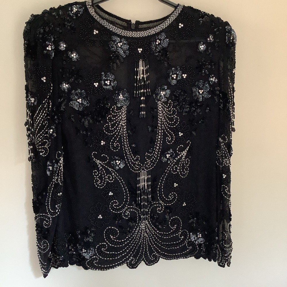 vintage oleg cassini M 100% Silk Heavy Beaded Long Sleeve Evening Jeweled Top