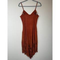 1970s Samir Rust Brown Faux Suede Beaded Fringed Boho Vintage 70s Dress