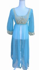 Vintage 1960s Blue Nylon Peignoir Robe With Chantilly Lace Juliette Style