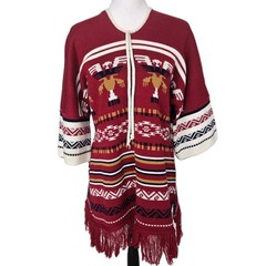 Vintage 70s Peruvian Knit Poncho Southwestern Tunic Fringe Top Sz M/L