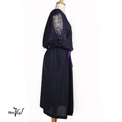 Vintage 80s Dress Padded Shoulder Elastic Waist Lace Sleeves Blue Sz 18 -Hey Viv