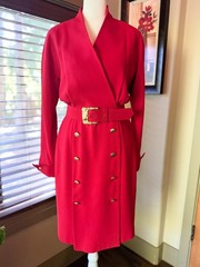 Vtg 80s Premier Dresses Red Trench Style Midi Dress Gold Buttons Belt 2P XS