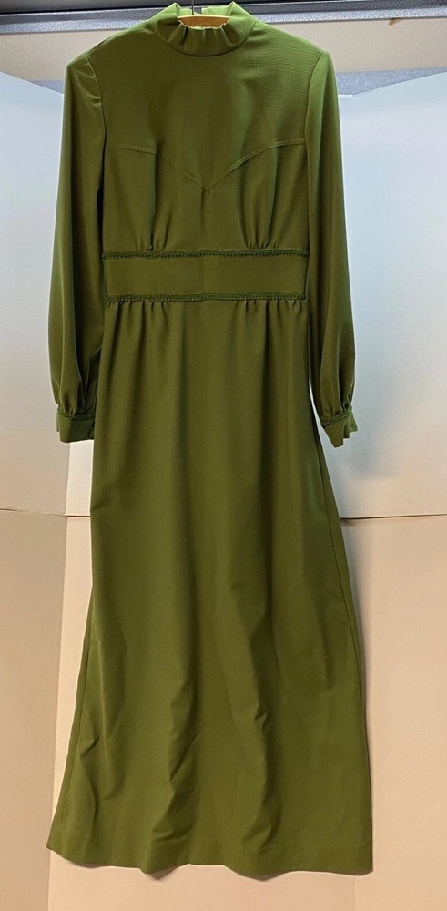 Vintage Handmade Maxi Dress 34″ Bust Green 1970s Column Style Long Sleeve
