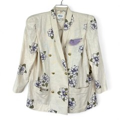 Leslie Fay Blazer Womens 14W Ivory Purple Floral Cotton Pockets Vintage