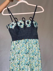 Rinascimento Italy floral cotton mini dress – denim bodice & blue green print sk