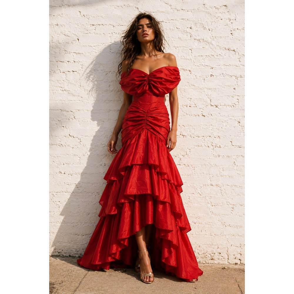 Vintage What’s Up by Carol Red Taffeta Ruffle Prom Gown 80s Formal Dress Small 8