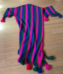 VTG Josefa Boho Caftan Maxi Dress Multicolor Pink Green Blue Pompoms Belt, Small