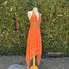 Night Way Collections vintage y2k burnt orange beaded halter midi dress deep v