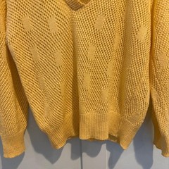 Vtg DiFini Butter Yellow Open Knit Sweater V Neck Pointelle Medium Coastal USA