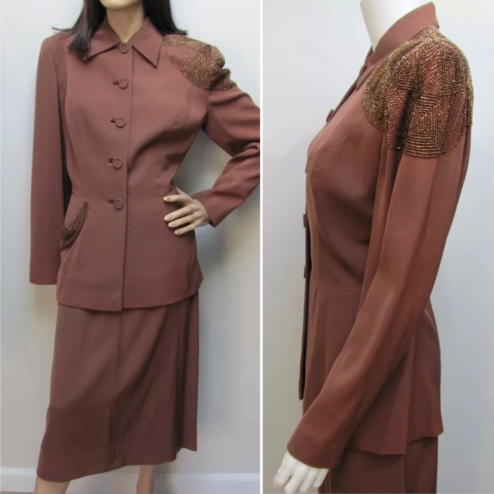 VTG 1940s *FRED A. BLOCK Original* COPPER BEADED GABARDINE COCKTAIL SUIT 38-Bust