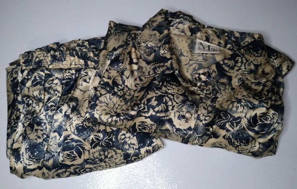 Vtg Ms Russ Womens 26W Blouse Midi Skirt Set Floral Gold Black Pull On USA