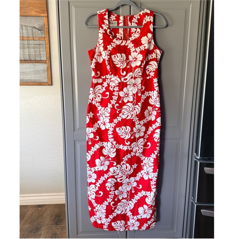 Hilo Hattie Hawaiian Original VTG Classic Hibiscus Long Dress, Red White, 10