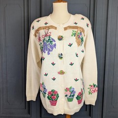 NWT Vintage 90s Garden Flower Sweater Ramie Cotton Cardigan Quaker Factory Small