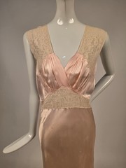 1930’S SATIN + LACE LONG SLIPP DRESS W CROSSOVER FRONT