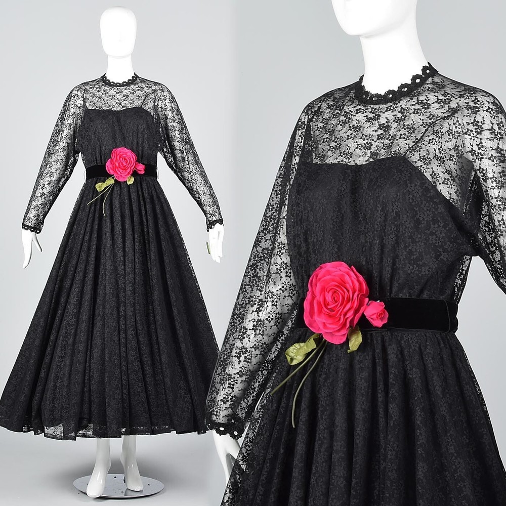 S Vintage 1970s 70s Lilli Diamond Black Lace Illusion Maxi Dress Goth Deadstock