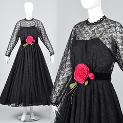 S Vintage 1970s 70s Lilli Diamond Black Lace Illusion Maxi Dress Goth Deadstock