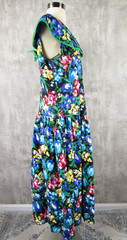 Vintager 80s L/XL Coloful Floral Print Cotton Drop Waist Tea Dress Bow Flared