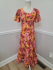 Vintage 70’s Prairie Pioneer Maxi Dress Floral Short Sleeves/Empire Waist