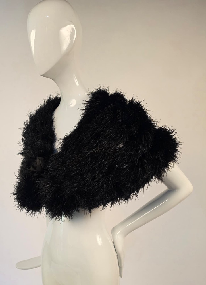 VICTORIAN 19TH C BLACK OSTRICH FEATHER CAPE FOR DRESS W SILK BOW FRONT