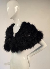 VICTORIAN 19TH C BLACK OSTRICH FEATHER CAPE FOR DRESS W SILK BOW FRONT