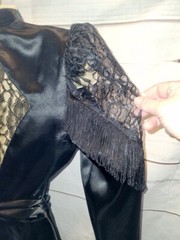 VTG Panhandle Slim Dress Lace Peplum Waist Country Western Fringe Sleeve Satin