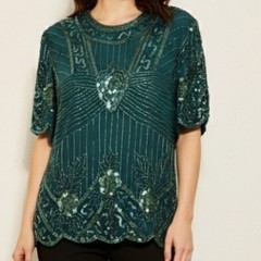 VTG Laurence Kazar Womens Evening Beaded 100% Silk Top Sequins Holiday Green L