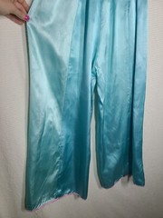 Vtg 50s 60s Satin Wide Leg Pajama Pants Sky Blue Pink Piping Asian Flat Front S