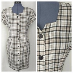 Vtg La Belle Crm, Blck & Brwn Plaid Dress w Button Down Front 38″ Bust Sz 10/M?