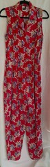 70s does 40s Floral Jumpsuit Sz L Tomato Red w Flowers in Purple Green Tan Phool