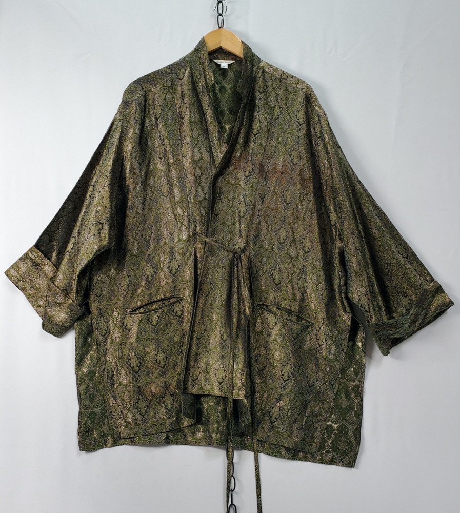 VTG 90s Lorain Croft Green Silk Paisley Jaquard Kimono Style Smoking Jacket