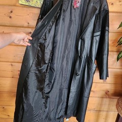 G III 💜 Vintage Black Leather Long Trench Coat Jacquard Damask Duster Western M