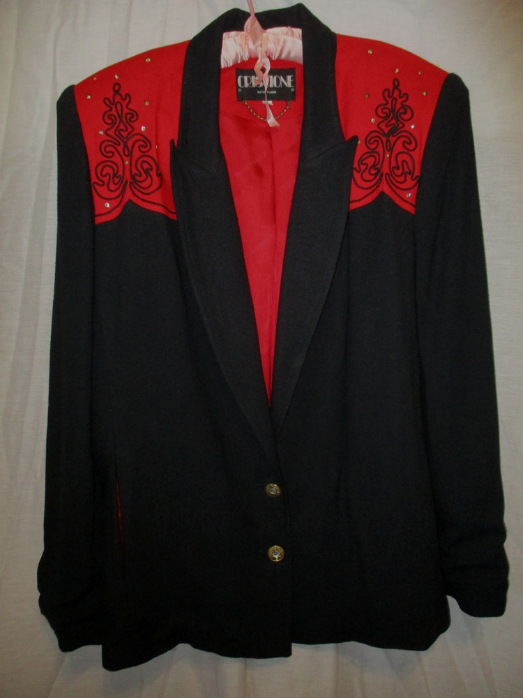 Vtg 80s CRISCIONE Red/Black Blazer Jacket~L~Studded Padded Shd Hollywood Glam US