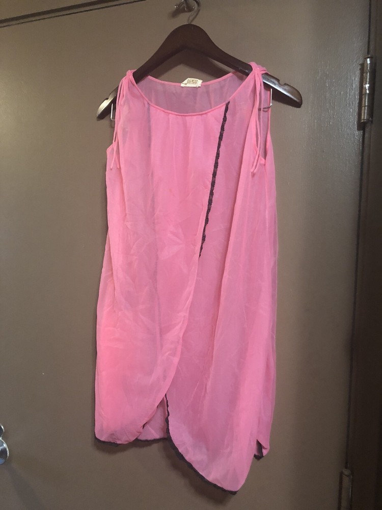 Vintage GRAGERO Nightgown Medium Pink Nylon Lingerie Sleep Slip Lace Sheer