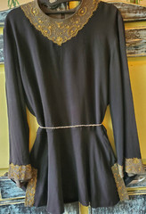 Vintage 1940s Black Rayon Top Modified Peplum Metallic Embroidery Brass Beading